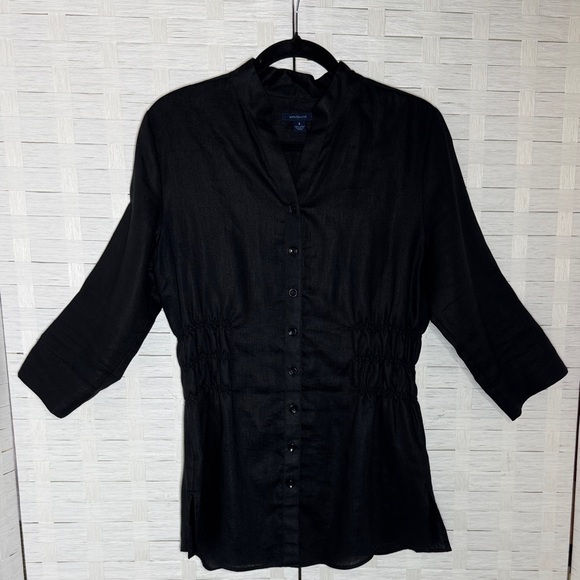 Westbound Tops - Westbound Linen Women’s Black Button Up Smocked Waist Mock Collared Shirt Size 8